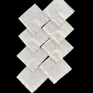 Set of 8 Vintage Damask Linen Napkins 18x18 Monogram RL Hemstitch Border White